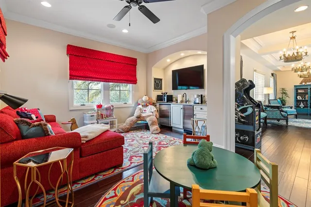 a bathroom with a granite countertop sink a mirror and a shower