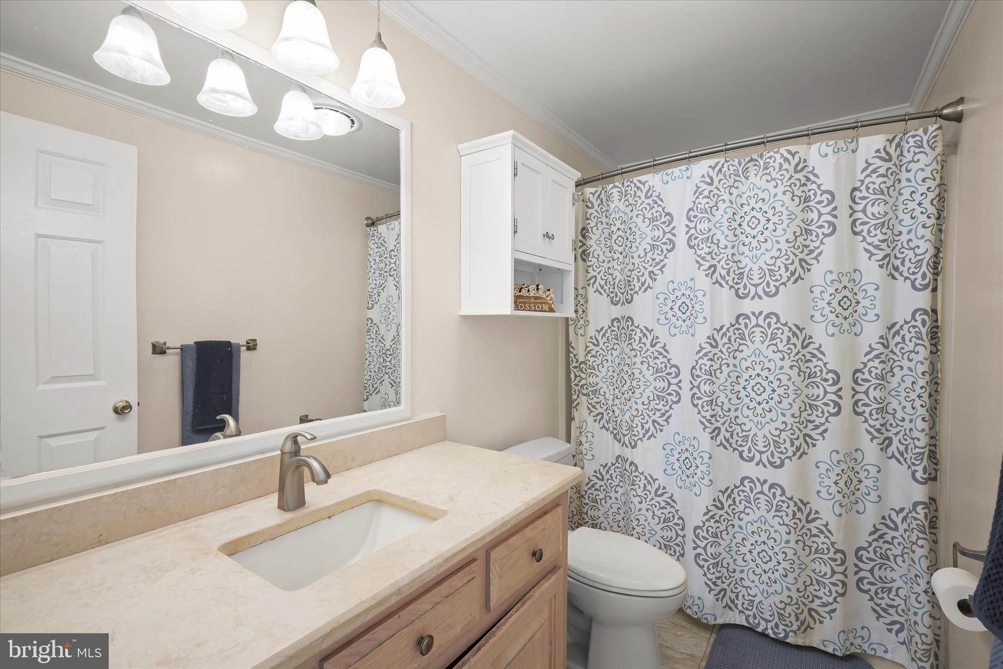3325 Allday Road Huntingtown, MD 20639 - Photo 31 of 77 a bathroom with a granite countertop sink a toilet and a mirror