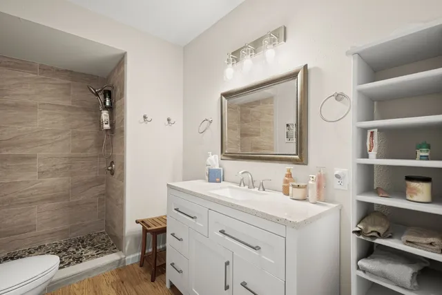 a bathroom with a double vanity sink mirror and toilet