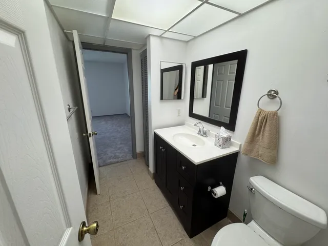 a bathroom with a sink vanity mirror and toilet