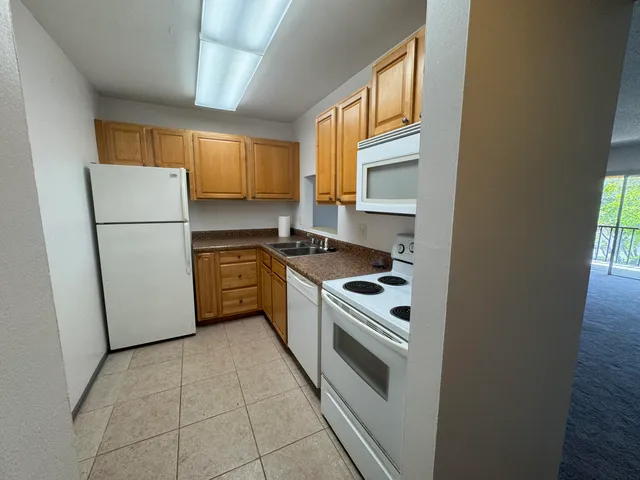 a kitchen with a stove a sink and a refrigerator