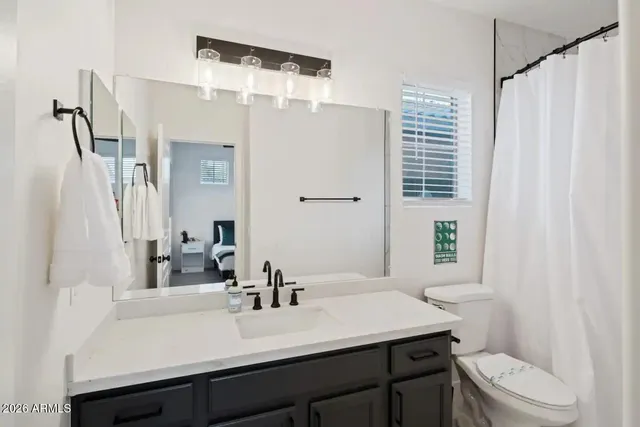 a bathroom with a sink a toilet a mirror and shower