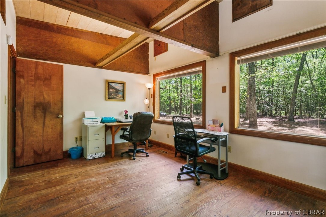 4544 Piney Swamp Road Hayes, VA 23072 - Photo 34 of 48 Office space featuring hardwood / wood-style floors, lofted ceiling with beams, and wood ceiling