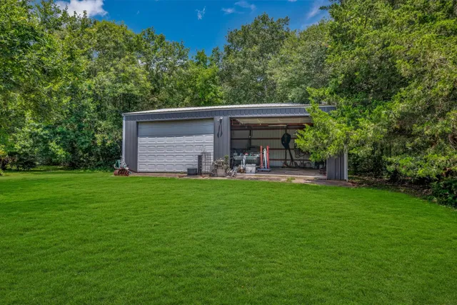 a view of a yard with large tree