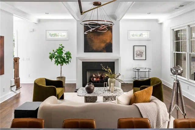 a living room with furniture flower pot and a fireplace