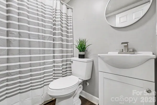 a bathroom with a sink a toilet a mirror and shower curtain