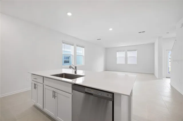 a kitchen with a sink and dishwasher with wooden floor
