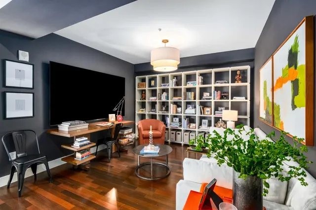 a livingroom with furniture a potted plant and a flat screen tv