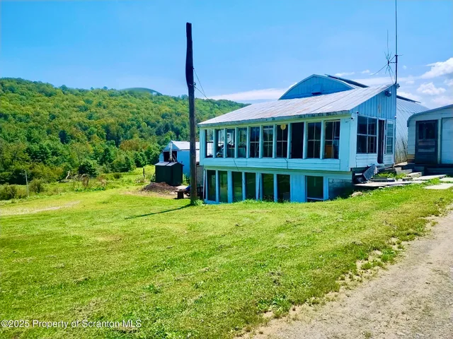 a view of a green field with an trees