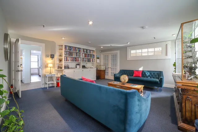 a living room with furniture and a potted plant