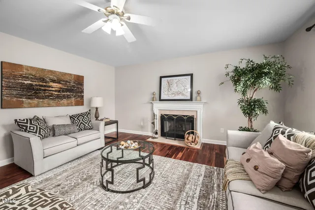 a living room with furniture a fireplace and a potted plant