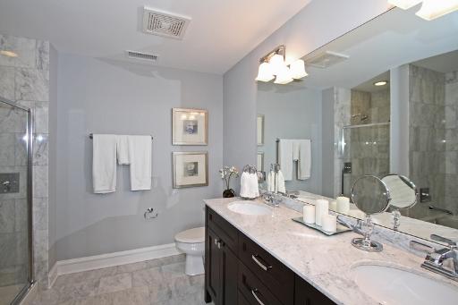 970 Harris Road, Unit 222 Grayslake, IL 60030 - Photo 6 of 11 a bathroom with a granite countertop sink a toilet a large mirror and shower