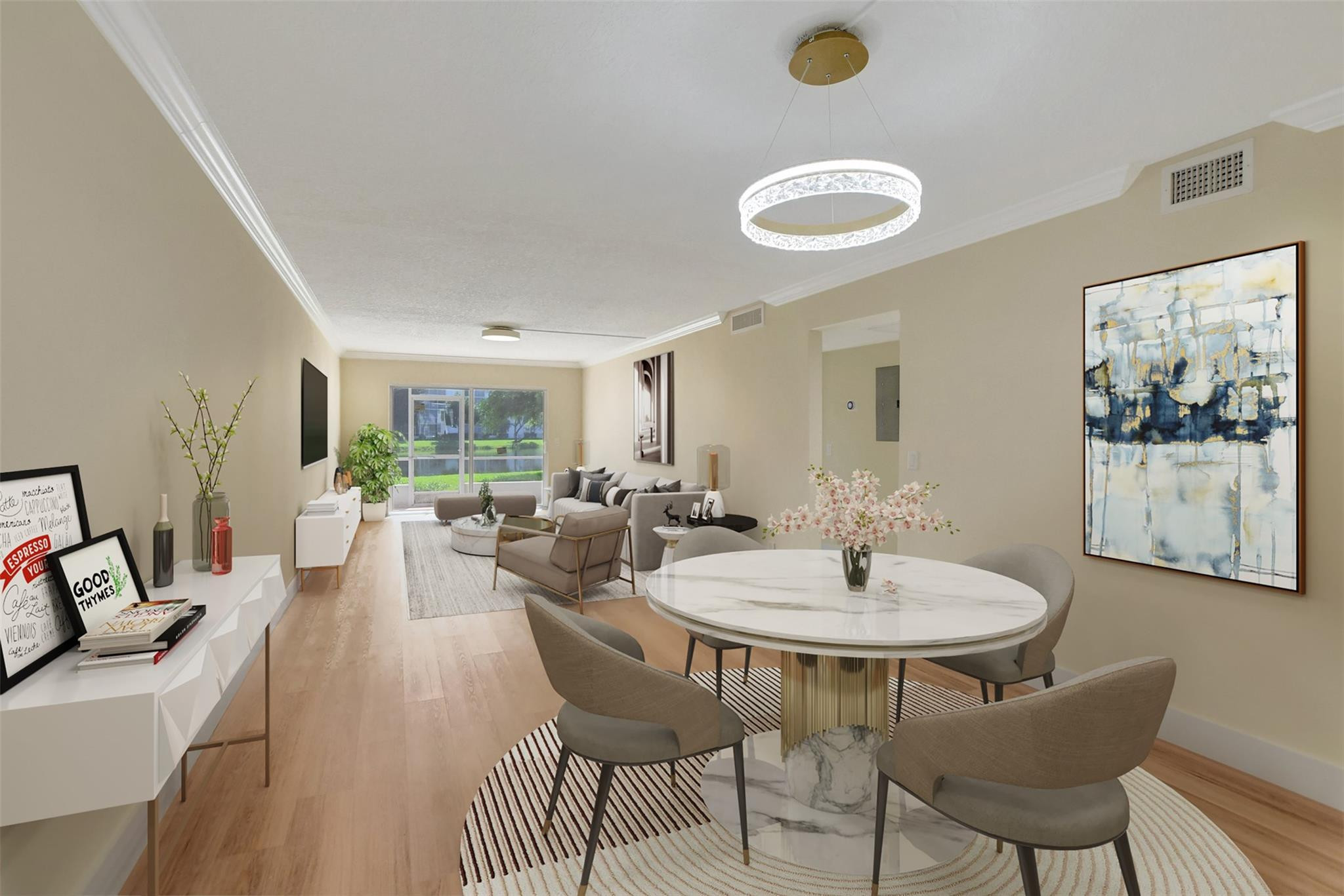 1019 Guildford East, Unit 1019 Boca Raton, FL 33434 - Photo 15 of 38 a view of a dining room with furniture and chandelier