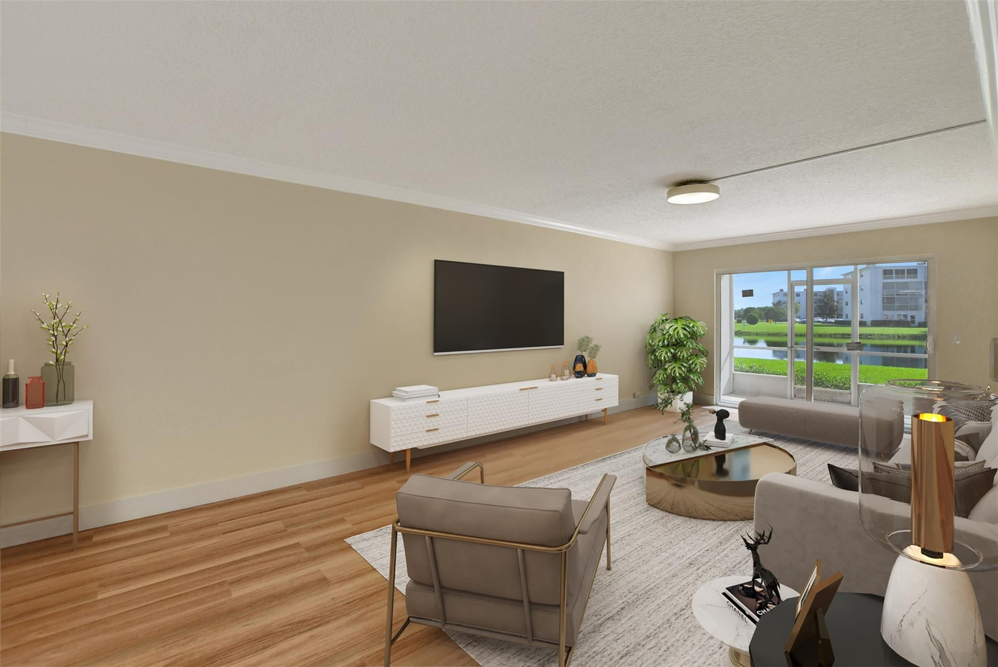 1019 Guildford East, Unit 1019 Boca Raton, FL 33434 - Photo 22 of 38 a living room with furniture and a flat screen tv