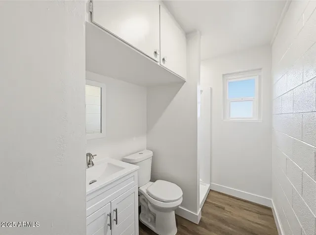 a bathroom with a sink toilet and wooden floor