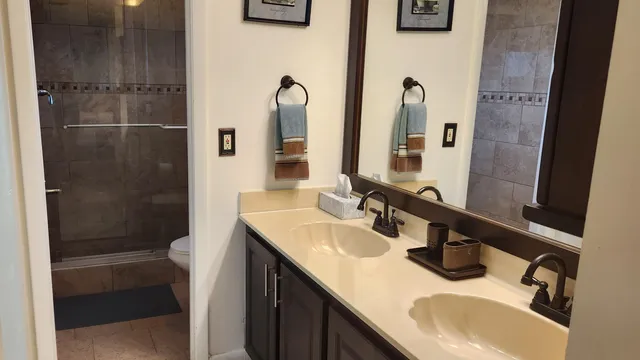 a bathroom with a sink and a mirror