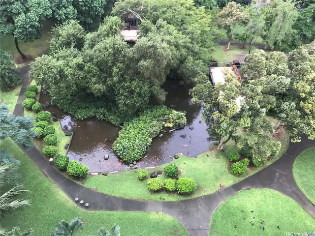an aerial view of a garden with lots of trees