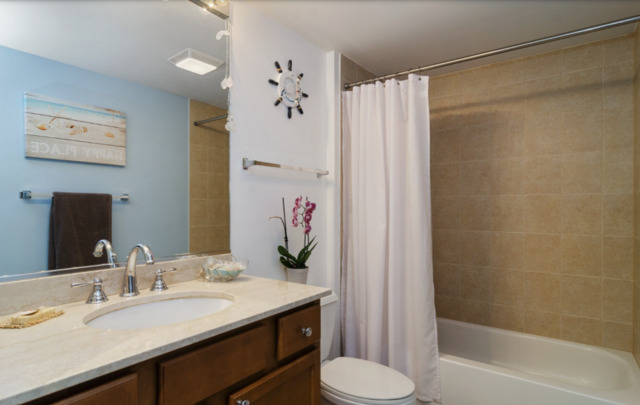 1110 West 15th Street, Unit 113 Chicago, IL 60608 - Photo 9 of 14 a bathroom with a granite countertop sink and a mirror