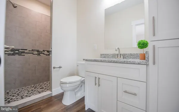 a bathroom with a granite countertop sink toilet and shower