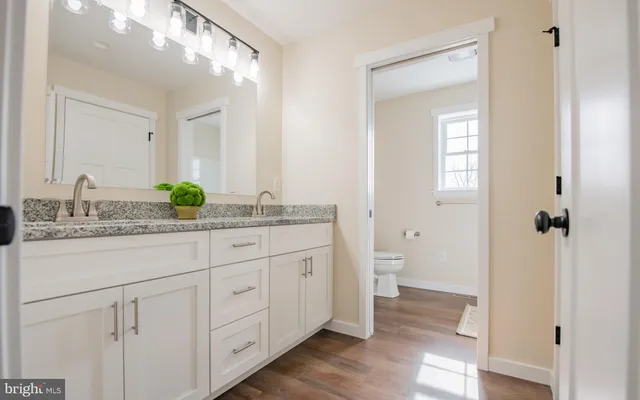 a bathroom with a granite countertop sink a toilet and a mirror