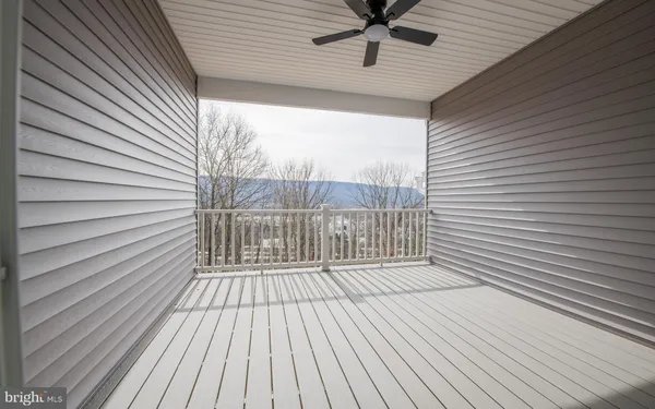 a view of wooden balcony with a potted plant