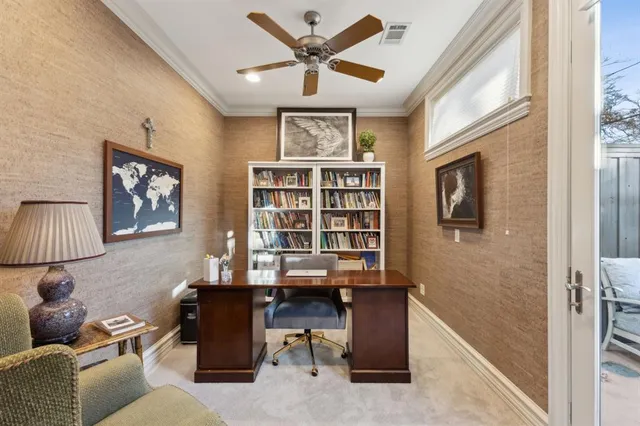 a workspace with furniture window and wooden floor