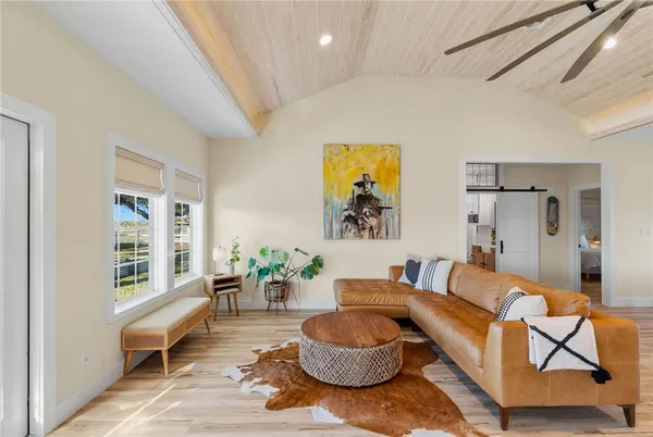 a living room with furniture and a potted plant