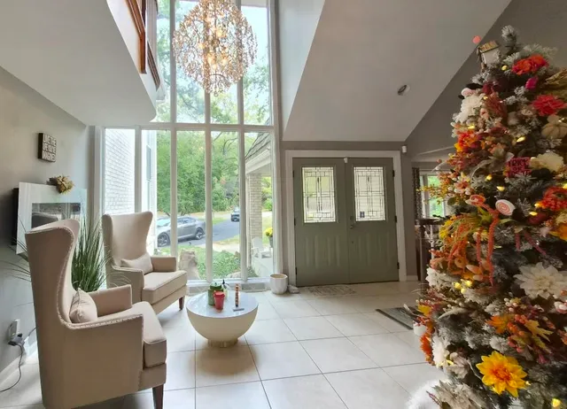 a living room with furniture and a potted plant