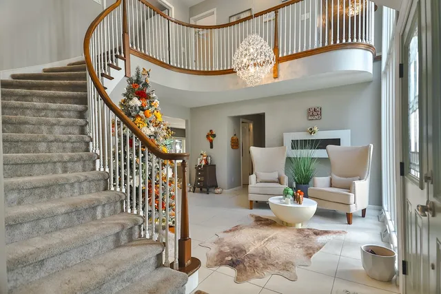 a living room with stairs