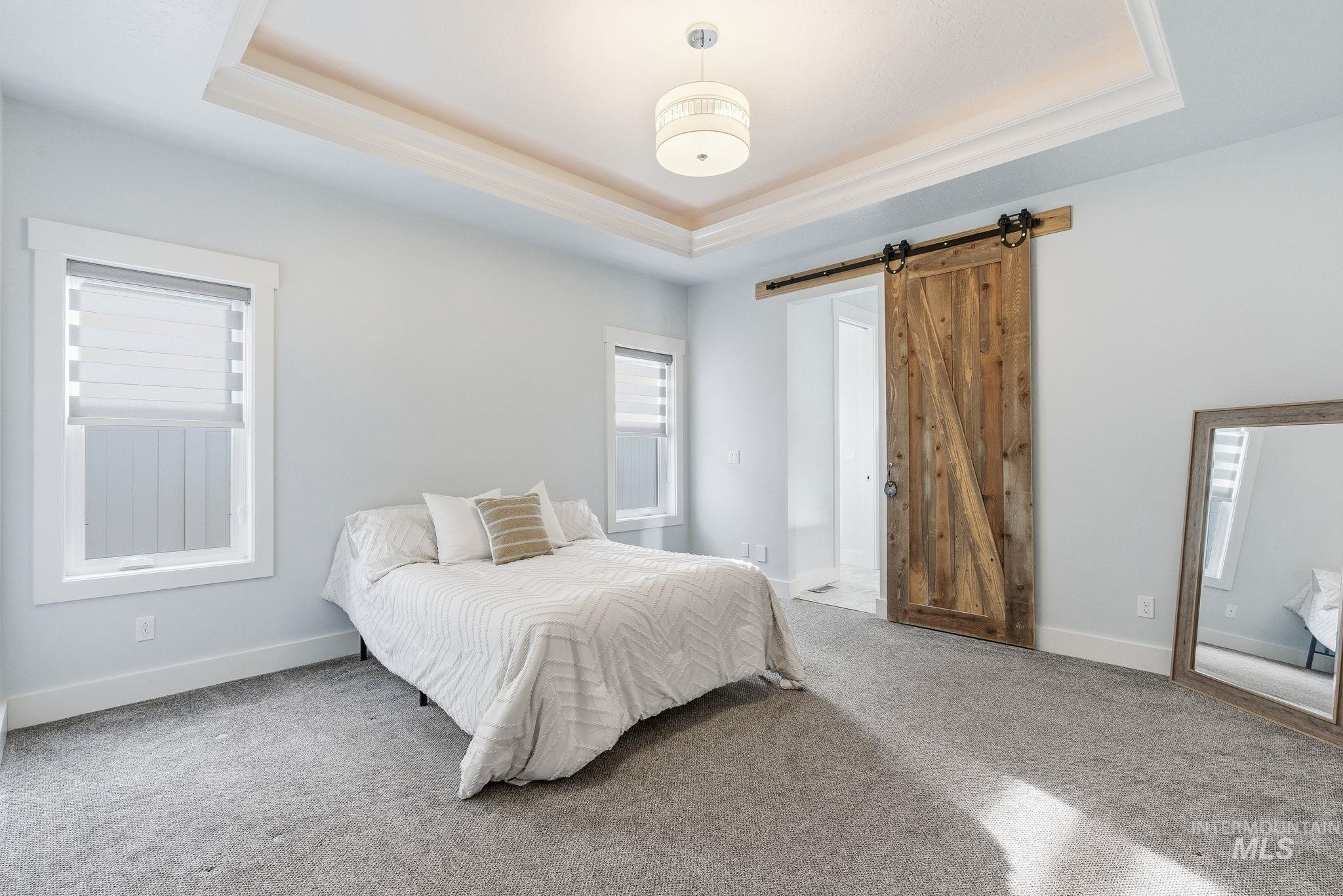 1013 East Radiant Ridge Drive Meridian, ID 83642 - Photo 21 of 36 Carpeted bedroom with a barn door and a tray ceiling