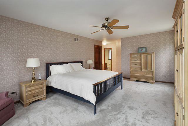 401 Voltz Road Northbrook, IL 60062 - Photo 9 of 13 a spacious bedroom with a bed and a chandelier