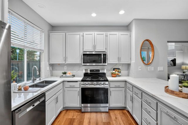 a kitchen with a stove a sink and a microwave