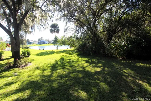 a view of a swimming pool with a yard and a fountain