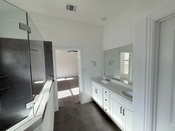 a bathroom with a granite countertop sink a large mirror and shower