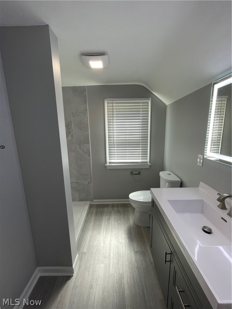 14516 Rockside Road Maple Heights, OH 44137 - Photo 22 of 30 Bathroom with vaulted ceiling, wood-type flooring, vanity, and toilet
