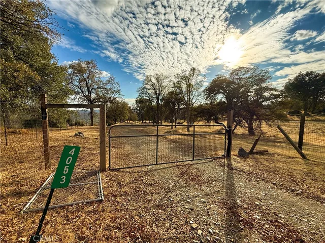 a view of a yard with wooden fence