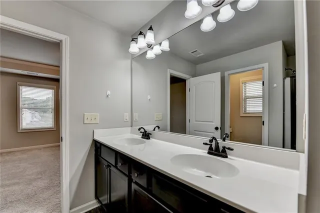 a bathroom with a sink double vanity and a mirror