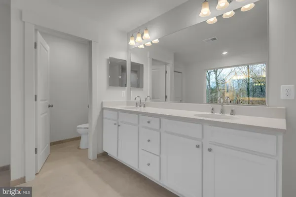 a bathroom with a double vanity sink and a mirror