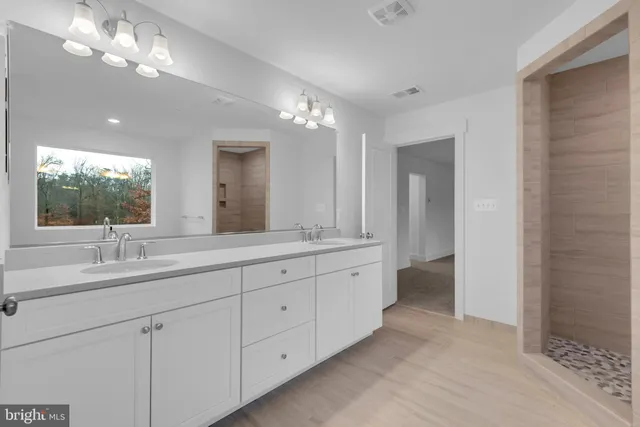 a bathroom with a double vanity sink and a mirror