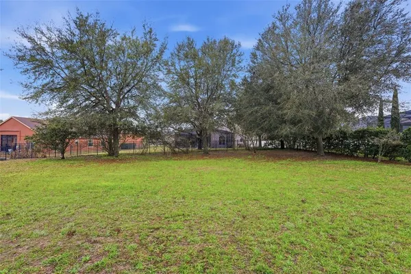 a view of a field of grass and trees