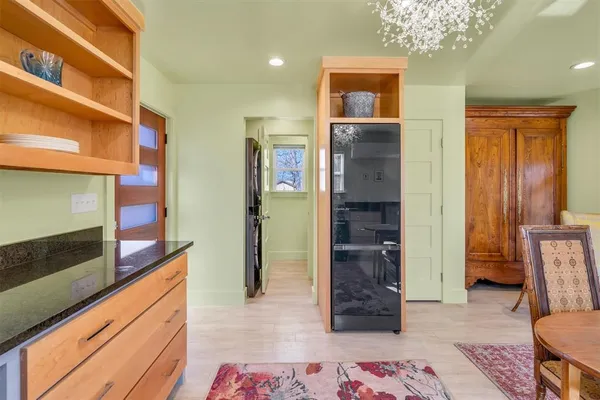 a view of a dining room with furniture