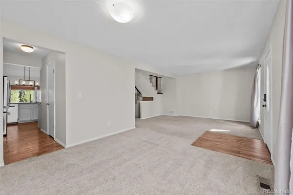 a view of a room with wooden racks