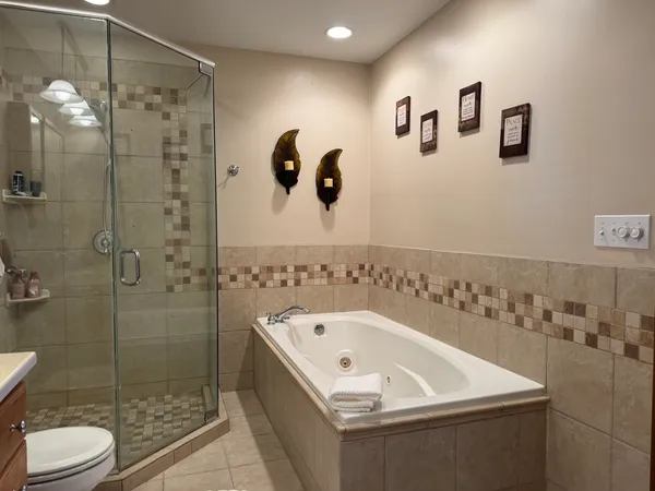 a bathroom with a bathtub and a shower