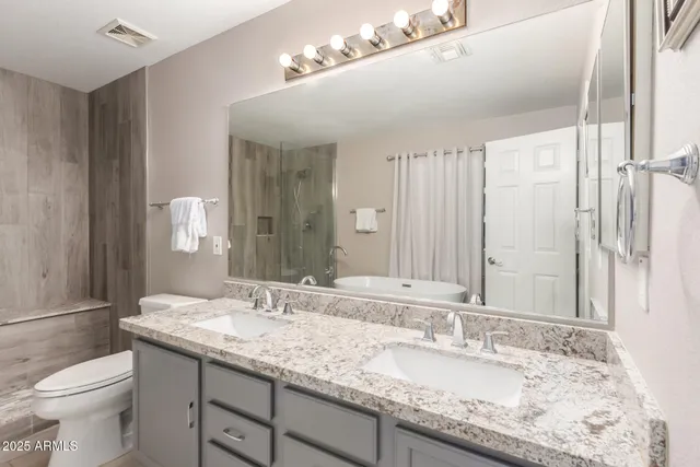 a bathroom with a granite countertop sink a toilet a mirror and shower
