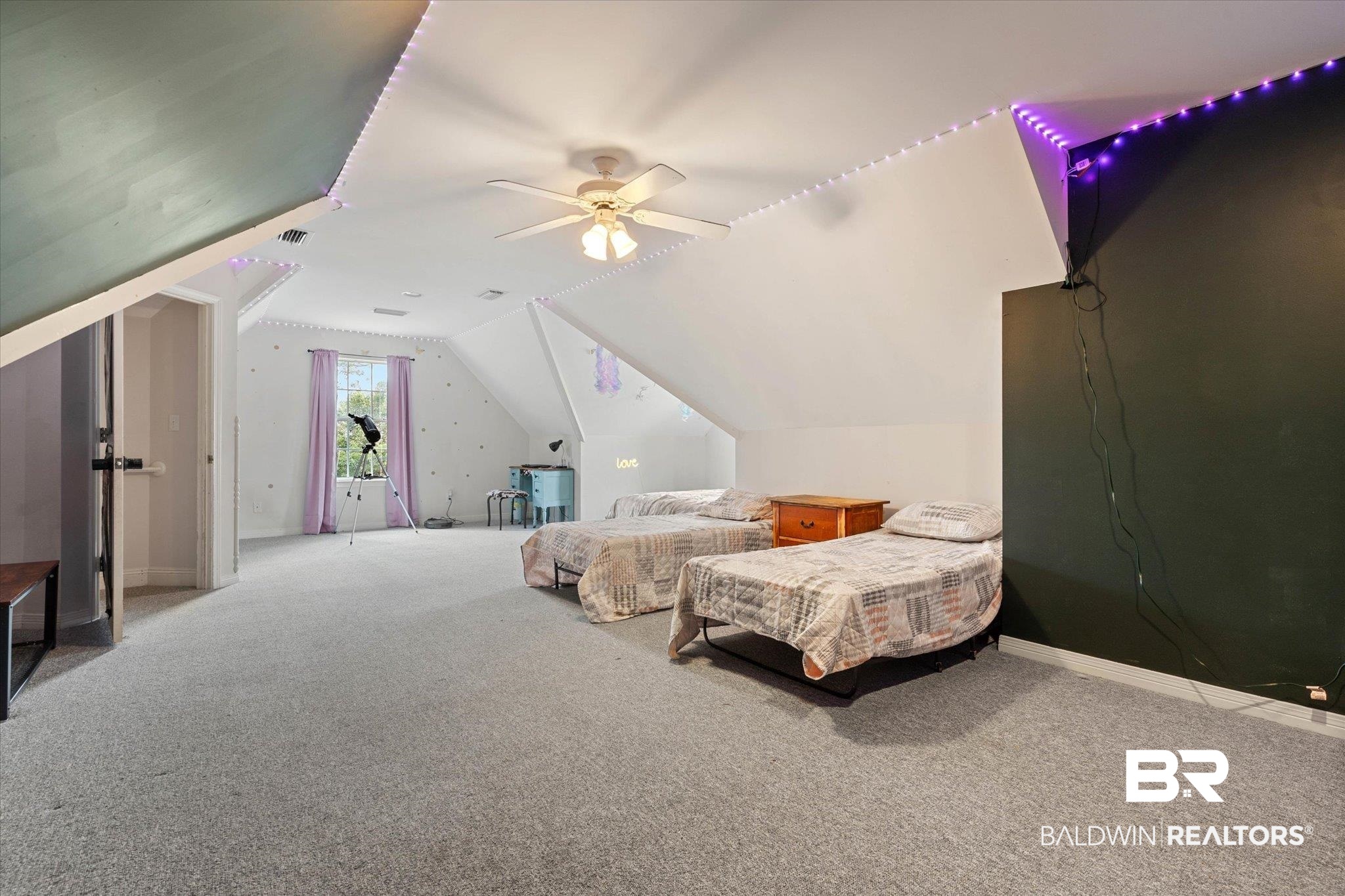 22760 Ridgewood Drive Robertsdale, AL 36567 - Photo 23 of 44 Bedroom with carpet flooring, vaulted ceiling, and ceiling fan