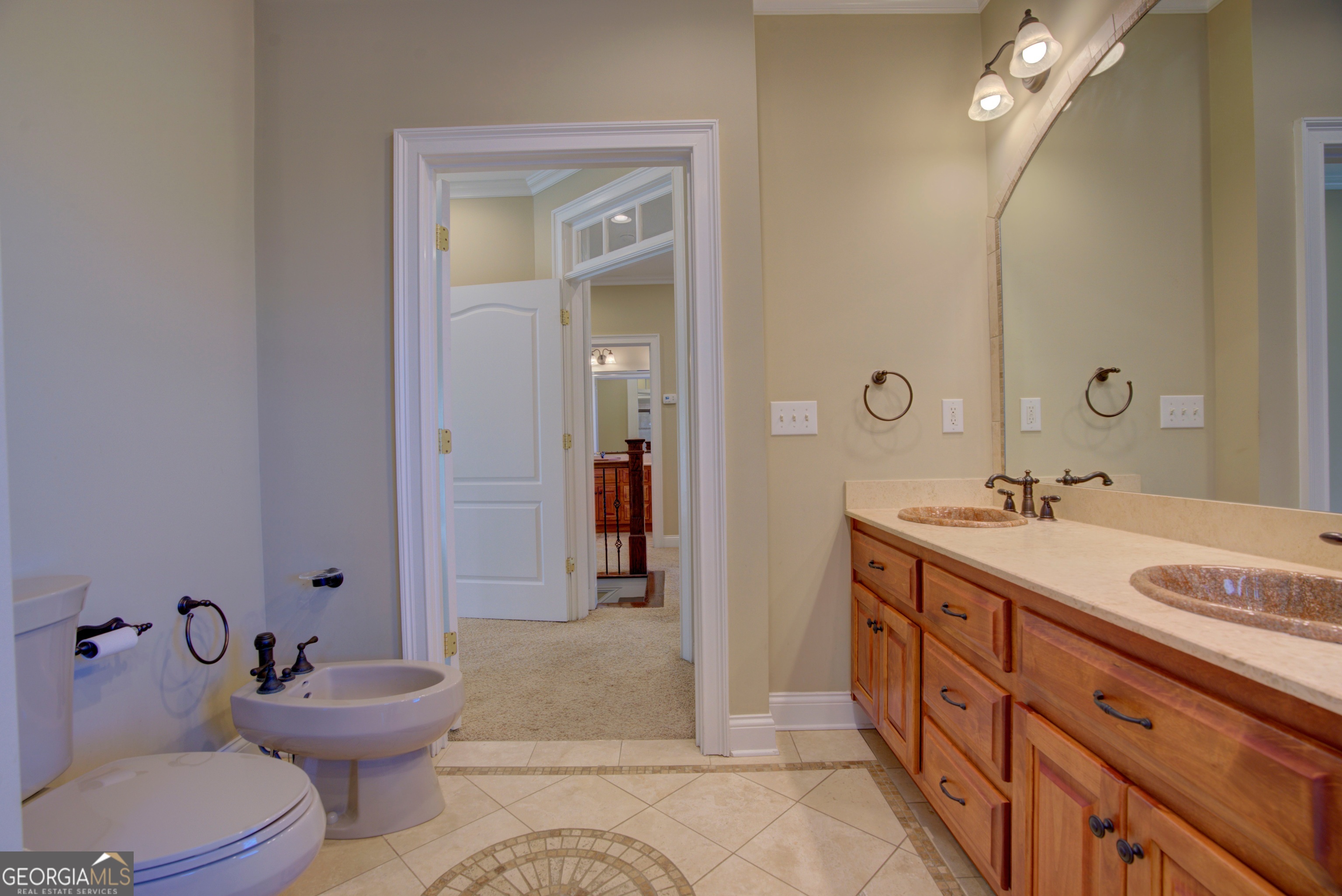 29 Pear Street Rome, GA 30161 - Photo 37 of 55 a spacious bathroom with a granite countertop sink toilet a large mirror and shower