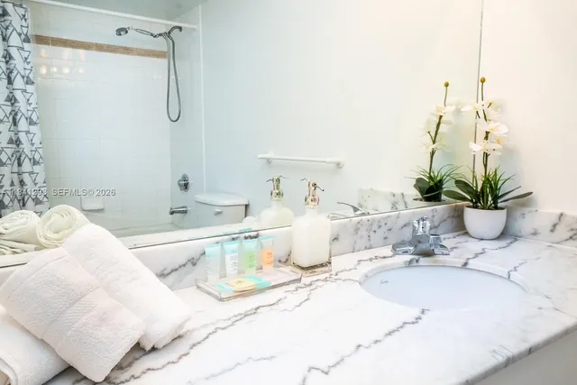a bathroom with a granite countertop sink and a potted plant