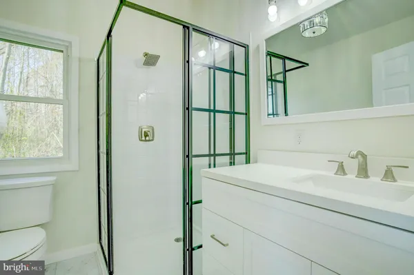 a bathroom with a sink a mirror and a shower