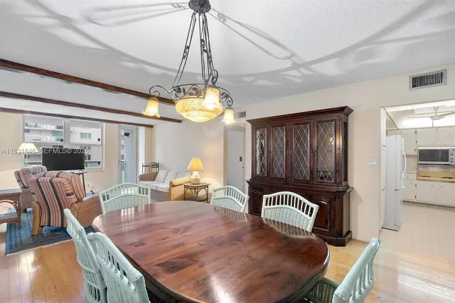 a view of a dining room with furniture
