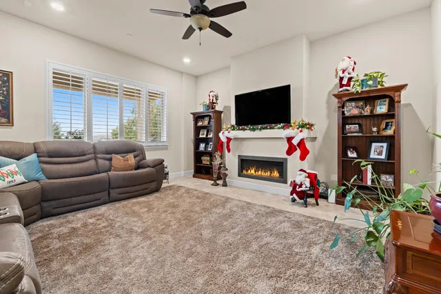 a living room with furniture a flat screen tv and a fireplace
